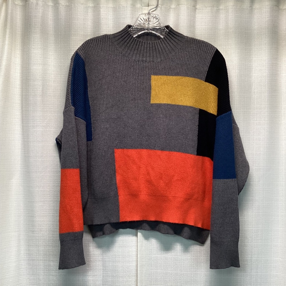 Roolee Womens Gray Colorblock Mock Neck Ribbed Knit Sweater Size M Fall Festive